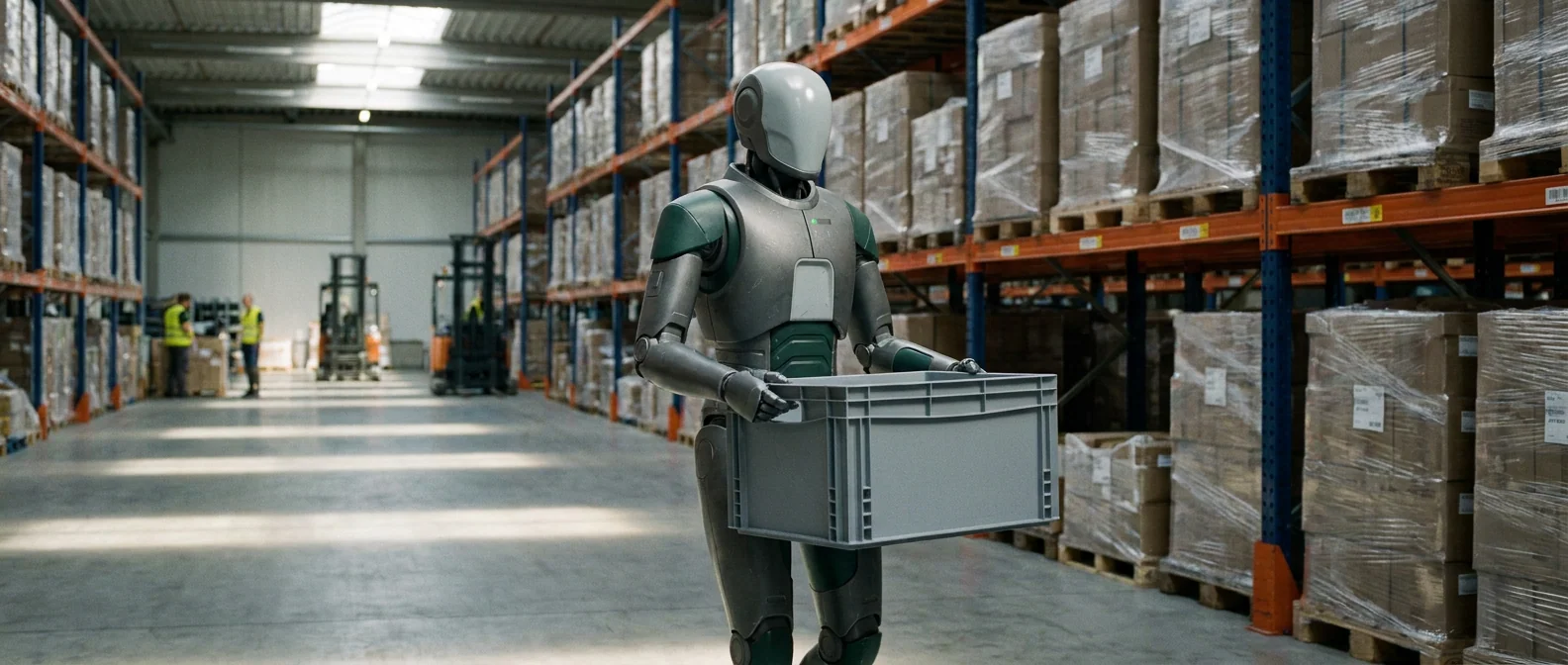 Humanoide HV-1 Operator caminando por el pasillo de una planta logística entre estanterías altas