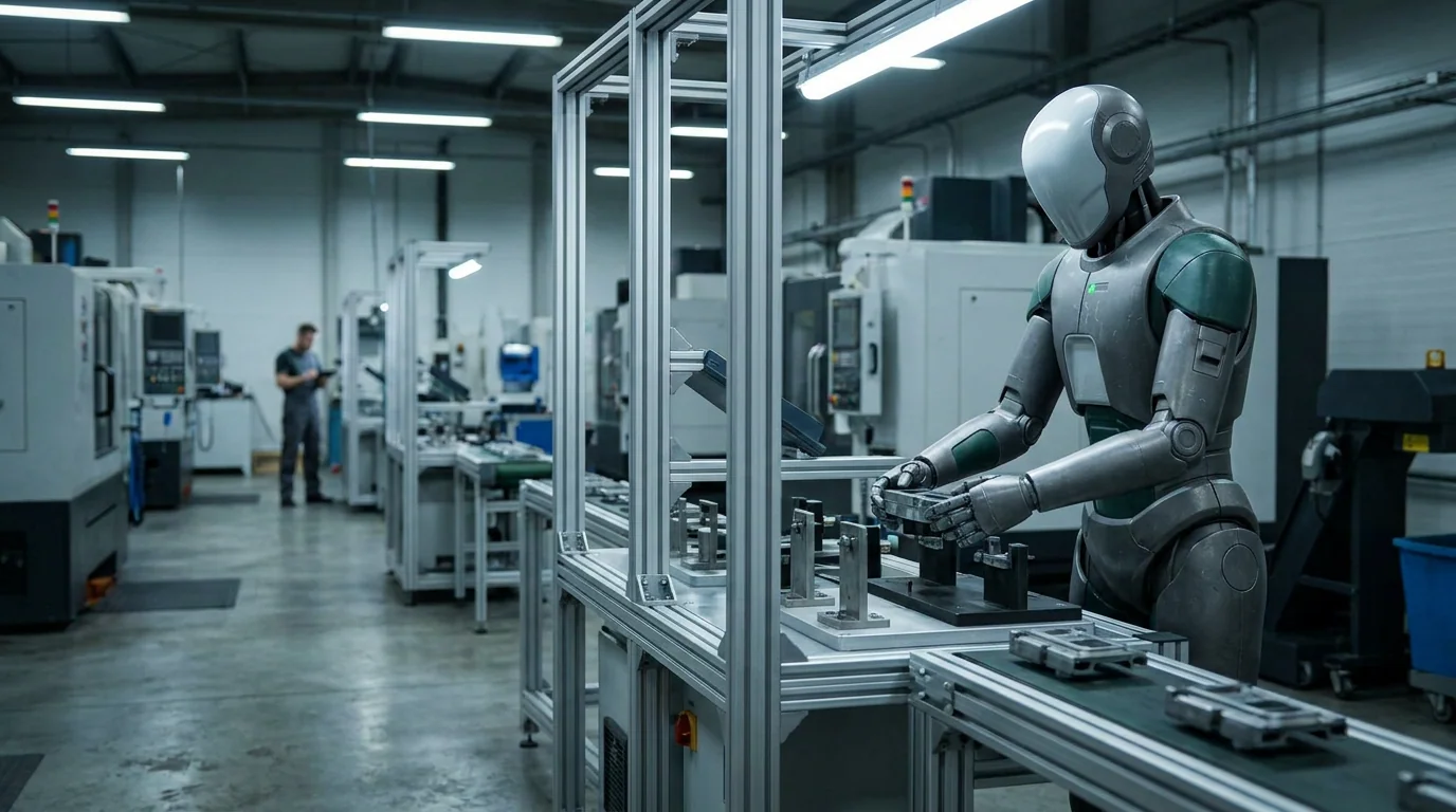 HV-1 Operator atendiendo una máquina en una celda flexible de manufactura