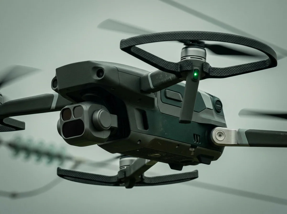 Dron aéreo AX-Cirrus en vuelo estacionario junto a una línea de alta tensión
