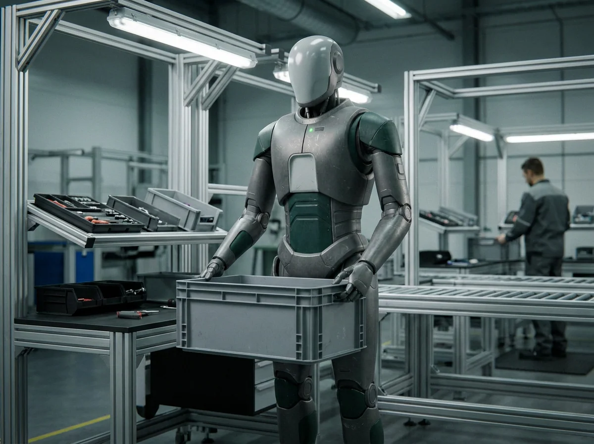 Humanoide HV-1 Operator manipulando un contenedor en una celda de manufactura