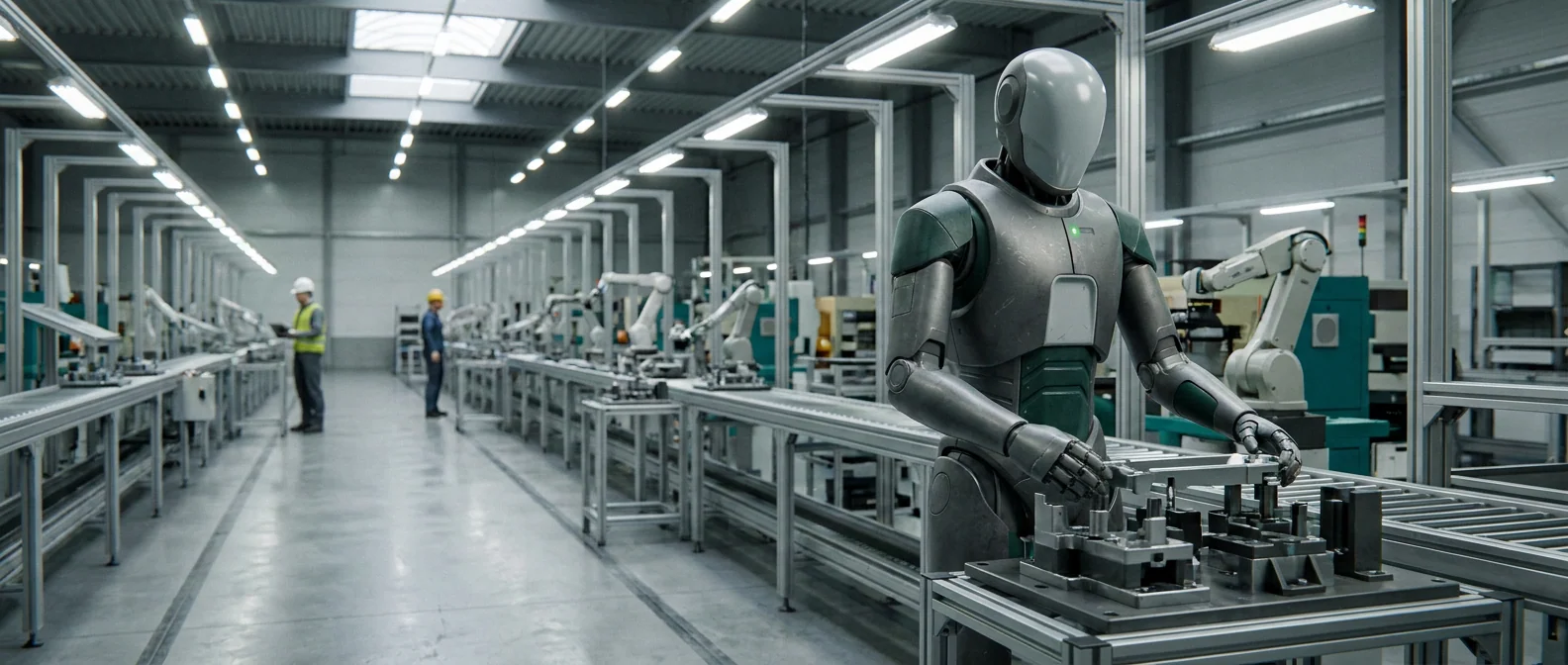 Humanoide HV-1 Operator manipulando un contenedor en una celda de manufactura